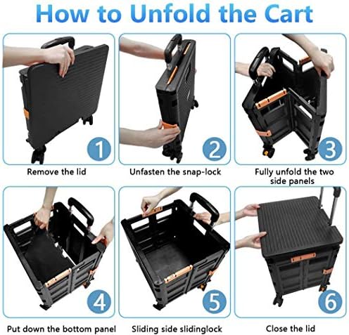 Foldable Utility Cart Folding Portable Rolling Crate Handcart Shopping Trolley Wheel Box with Lid Wear-Resistant Noiseless 360°Rotate Wheel for Travel Shopping Moving Storage Office Use (Black) - Image 3