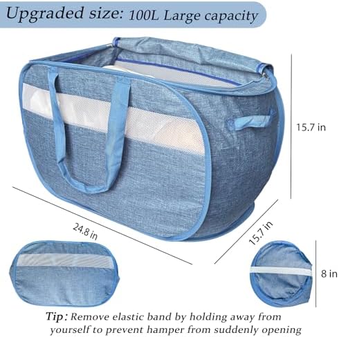 Upgraded 100L Extra Large Mesh Pop Up Laundry Hamper with Lid and Handles. XL Closet Storage Bins, Dirty Clothes Basket for Dorm Home, Foldable Laundry Basket. Blue. H - Image 3
