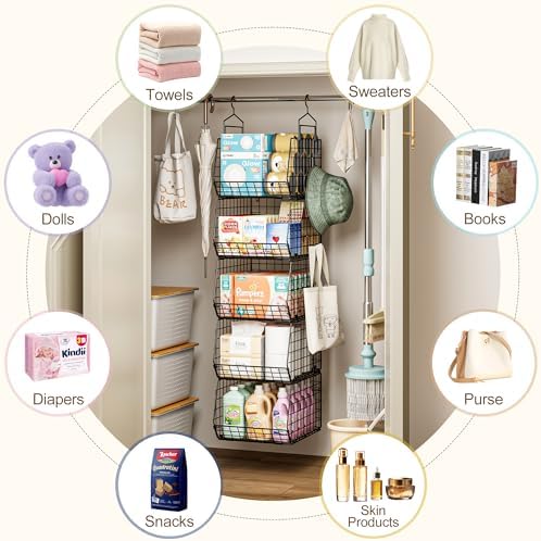 Capacity Upgrade Edition Deeper 4'' 5 Tier Foldable Hanging Closet Organizer and Storage，Wire Cabinet Shelves and Rack with 5 S Hooks,Stackable Metal Basket Bins for Clothes Shoe Purse,Black - Image 7