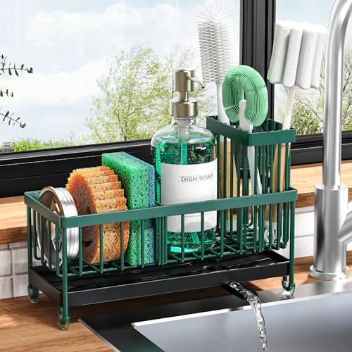 Cisily Sponge Holder for Kitchen Sink, Sink Caddy Organizer with High Brush Holder, Kitchen Countertop Organizers and Storage Essentials, Rustproof 304 Stainless Steel (Dark Green, 9.25″) by CISILYHOMELIFE