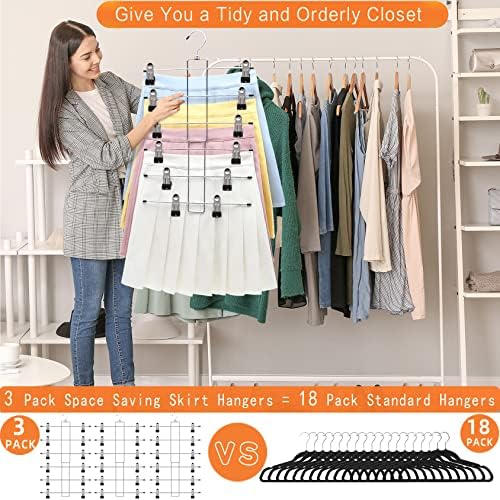 3 Pack Pants-Hangers-Space-Saving, 6 Tier-Closet-Organizers-and-Storage | Skirt Hangers with Clips, Closet-Organizer-Clothes-Organization Jeans Scarf Hangers,College-Dorm-Room-Essentials Decor - Image 3