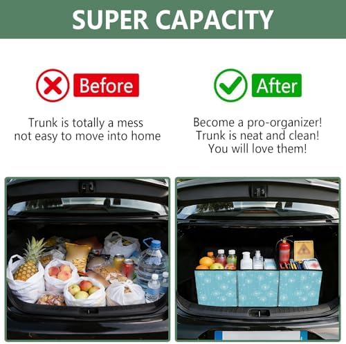 Trunk Organizer Collapsible Car Organizer with Handle Car Storage Box Bin for Groceries SUV Utility Tote Bag Portable Vehicle Container Bright Blue Dandelion Heart - Image 4
