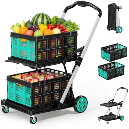 8-in-1 Max Collapsible Shopping Cart 200LBS with 2 Storage Crates, Portable Foldable Utility Cart with Foot Brake for Picnic, Supermarket, Grocery, Office, Outdoor - Blue 2026 Upgraded by BSMTEK