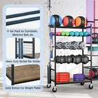 PLKOW Dumbbell Rack, Weight Rack for Dumbbells, Home Gym Storage for Dumbbells Kettlebells Yoga Mat and Balls, All in One Workout Storage with Wheels and Hooks, Powder Coated Finish Steel - Image 5