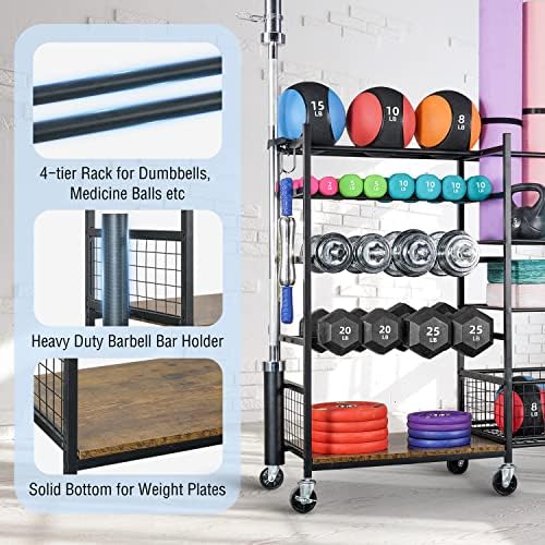 PLKOW Dumbbell Rack, Weight Rack for Dumbbells, Home Gym Storage for Dumbbells Kettlebells Yoga Mat and Balls, All in One Workout Storage with Wheels and Hooks, Powder Coated Finish Steel - Image 5