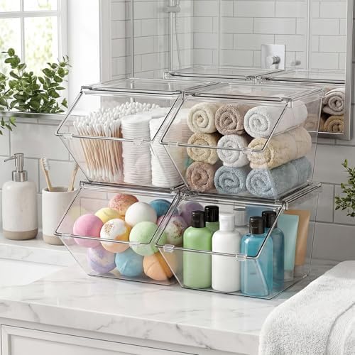 Yerliker 4 Pcs Clear Plastic Storage Bins with Lids Stackable Pantry Storage Organizer Kitchen Cabinet Organizers Ideal Containers for Coffee Pod Tea Sugar Bag Cabinet Home (Extra Large) - Image 7