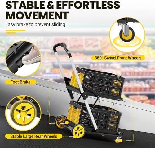 8-in-1 200LBS Collapsible Shopping Cart, Multi Functional Utility Cart with 2 Storage Baskets,Adjustable Handle Grocery Cart on Wheels for Shopping, Warehouse, Home, Supermarket - Yellow - Image 4