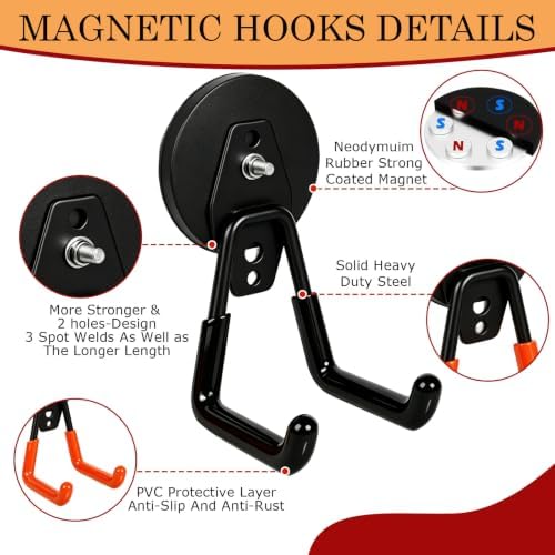 4 Pack Strong Magnet Hooks Heavy Duty, Rubber Coated No Damage Hook for Garage Storage, Dual Hook Design, Large Magnetic Hangers for Tools, Garden, Workshop (Orange2pcs + Black2pcs) - Image 3