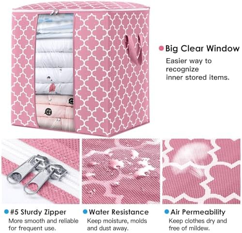 Storage Bags 4 Pack 100L Clothes Organization and Storage Containers | Large Blanket for Comforters,Bedding, Foldable Organizer with Reinforced Handle, Clear Window, Sturdy Zippers, Pink - Image 3
