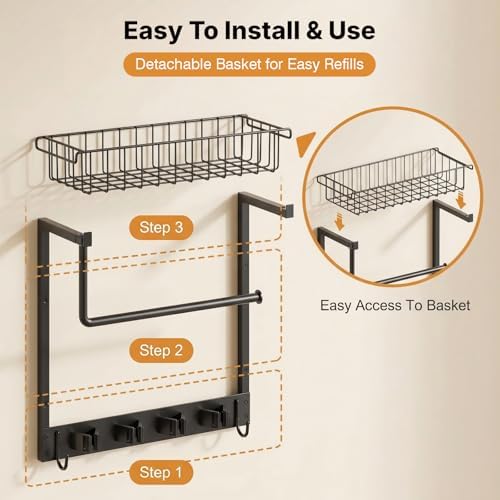 Broom Holder Wall Mount with Paper Towel Holder& Removable Anti-fall Basket - Image 3