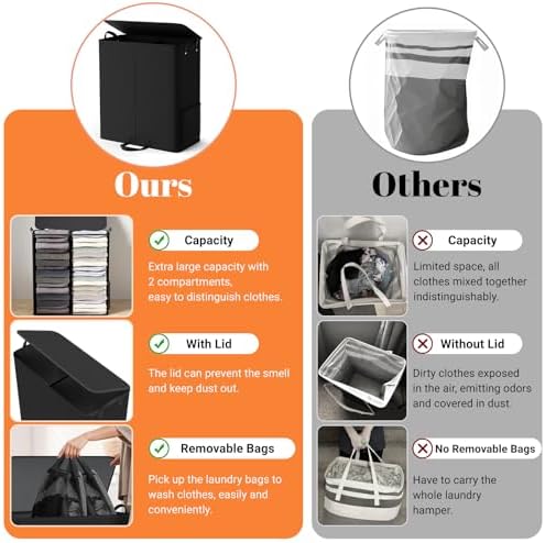 155L 2 Section Laundry Hamper with Lid, Laundry Basket, Black - Image 5