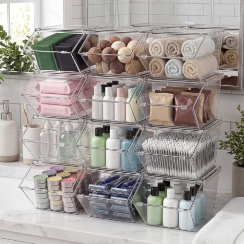Yerliker 12 Pcs Clear Plastic Storage Bins with Lids Stackable Pantry Storage Organizer Kitchen Cabinet Organizers Ideal Containers for Coffee Pod Tea Sugar Bag Cabinet Home (Extra Large) - Image 7
