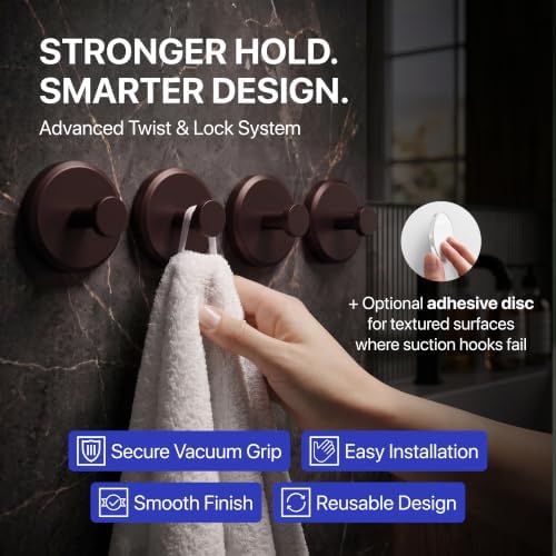 HOME SO Suction Cup Hooks for Shower & Bathroom Towel Holder 4-Pack Bronze - Image 2