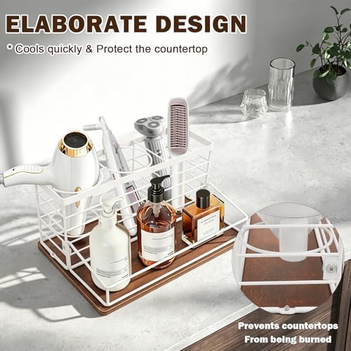 Hair Tool Organizer, Movable Hair Dryer Holder, Hair Styling Tools Storage for Vanity, Bath Counter Organizer, Bathroom Trays for Hair Toiletry, Makeup (12" x 7.7" x 5.8", Wood-White) - Image 3