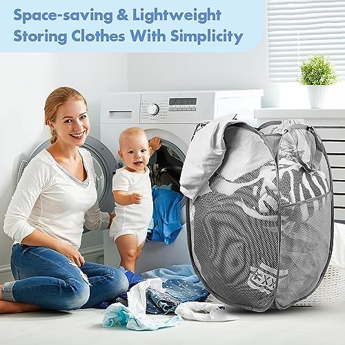 Pop Up Laundry Hamper, 70 L Collapsible Mesh Basket with Side Pocket, Gray - Image 7