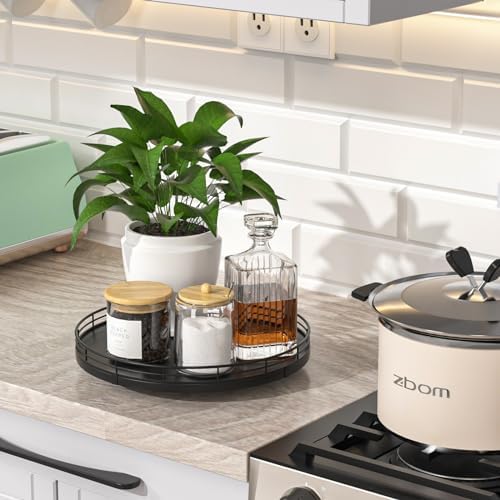 Oroyutor 10-Inch Oak Lazy Susan Countertop Organizer with Black Metal Rail - Image 2