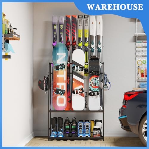 Ski Rack for Garage,Freestanding Snowboard Rack for Ski,Snowboard, Ski Boot,Poles, Goggles, Helmet and More, Heavy Duty Steel Floor Stand Ski Organizer for Garage Basement - Image 6