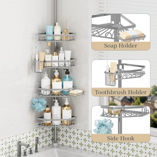 Consumest Shower Caddy Tension Pole, Shower Caddy Corner, Silver, 4 Tier - Image 3