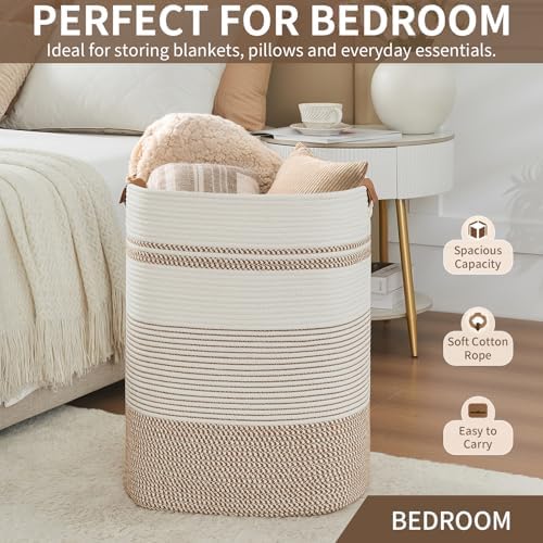 AINUOQI Laundry Basket with Handles - Blanket Basket & Hampers for Bedroom Aesthetic, Laundry Hamper & Blanket Storage for Living Room, Clothes Hamper, Tall, Large 17" x 14" x 22”, Brown & White - Image 6