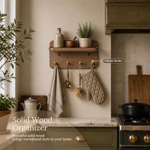 Key Holder Wall Mount, Solid Wood Key Holder for Wall with 4 Brass Hooks & Hidden Magnets, 15° Incline Hooks & Grooved Design to Prevent Slipping, Vintage Brown Key Hanger - Image 5