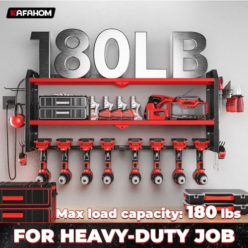 KAFAHOM Power Tool Organizer with Charging Station, Built in 8 Outlet Power Strip, Large 8 Drill Holder Wall Mount, Heavy Duty Metal Power Tool Storage Rack Tool Shelf for Garage Organization Red - Image 6