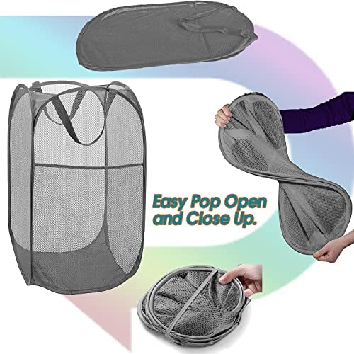 Deluxe Strong Mesh Pop up Laundry Hamper Basket with Side Pocket for Laundry Room, Bathroom, Kids Room, College Dorm or Travel Grey - Image 6