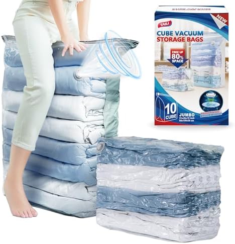 TAILI 10 Pack Vacuum Storage Bags, Jumbo Cube Space Saver Bags (31x40x15 Inch), Extra Large Vacuum Sealer Bags for Comforters Blankets Bedding Clothing, Closet Organizer, Cream by TAILI