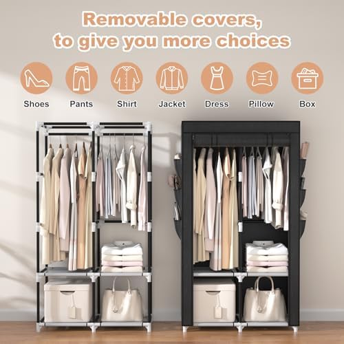 VTRIN Portable Closet Wardrobe Closet for Hanging Clothes with 4 Storage Shelves, 2 Hanging Rods and 6 Pockets, Stable and Easy Assembly Clothes Rack with Cover Free Standing Closet for Bedroom, Black - Image 5