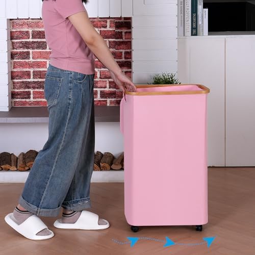 iEGrow 75L Laundry Basket with Wheels,Clothes Hamper for Laundry,Laundry Hamper with Lid and Inner Bag, for Laundry Room, Bedroom, Dormitory Storage,Pink - Image 3