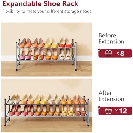 Tajsoon Expandable Shoe Rack for Closet 2 Tier, 28“-41“Stackable, Grey - Image 7