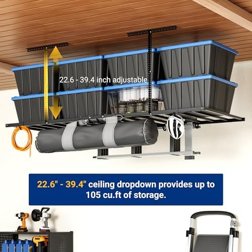 FLEXIMOUNTS 4x8 Overhead Garage Ceiling Storage Rack with 6 Hooks, Black - Image 5