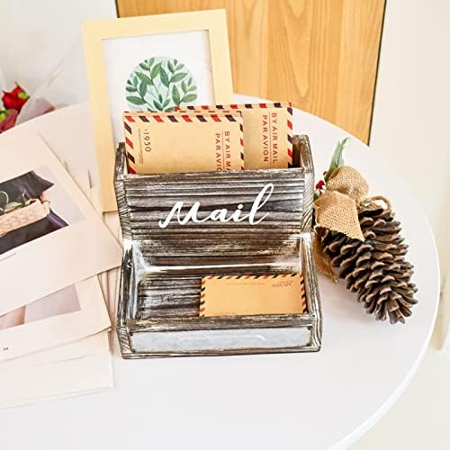 OKSQW Farmhouse Mail Organizer Countertop Letter Sorter Caddy 2 Tier Rustic Mail Tray Wooden Mail Holder File Organizer Bill Paper Folder Office Desk Accessories Rustic Office Supplies Home Decor - Image 5