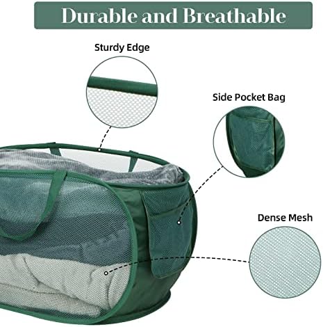 Sturdy Mesh Pop Up Laundry Hamper, Collapsible Laundry Baskets with Side Pocket, Foldable Clothes Hamper with Reinforced Carry Handles for Laundry, Bathroom, Kids Room, Dorm or Travel 2 Pack Emerald - Image 4