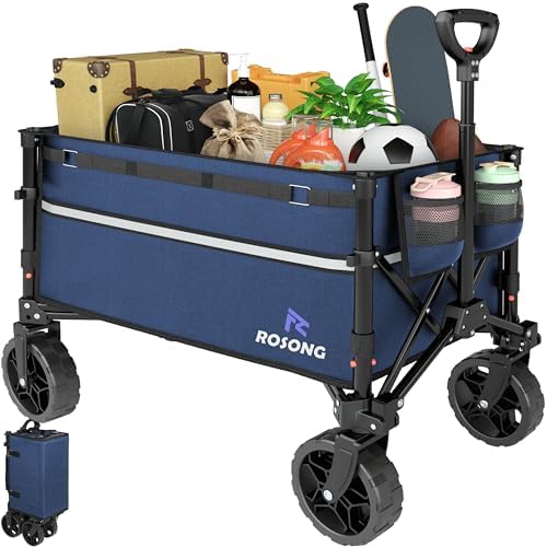 ROSONG Collapsible Wagon Cart with Wheels Foldable - Folding Utility Heavy Duty Wagons Carts for Grocery Sports Garden Shopping Camping Wheelbarrows (Navy Blue, 120L) by ROSONG