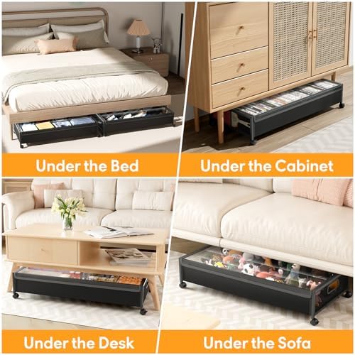 Under Bed Storage with Wheels，4 Pack Under Bed Storage Containers,Underbed Shoe Storage Bedroom Large Capacity Under Bed Storage with Lid for Clothes Shoes Toys Blankets - Image 6