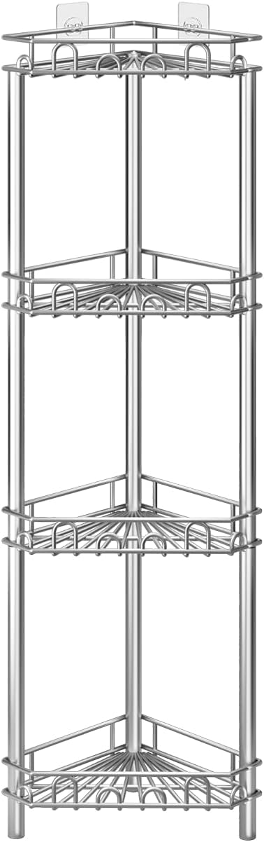 SWTYMIKI Standing Shower Caddy Corner - 4‑Tier Stainless Steel Shower Organizer Shelf with 12 Hooks and Adhesive Pads, Rustproof Corner Shelves Stand Rack for Bathroom Shower Room, Silver - Image 7