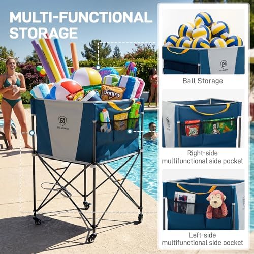 EVER ADVANCED Rolling Ball Storage Cart Lockable Wheels, 33x22.8in/45x25in Collapsible Garage Sports Equipment Organizer for Volleyball Basketball Tennis Toy Storage Multi-Sport Family Gym - Image 5