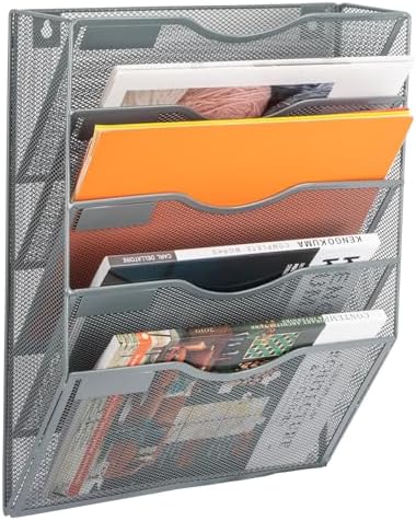 EASEPRES 5 Pocket Mesh Hanging Wall File Organizer, Wall Mounted Mail Paper Document Folder Holder, Clipboard Storage Organization Magazine Rack with Nametag Label for Office Home School, Gray by EASEPRES