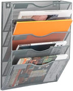 EASEPRES 5 Pocket Mesh Hanging Wall File Organizer, Wall Mounted Mail Paper Document Folder Holder, Clipboard Storage Organization Magazine Rack with Nametag Label for Office Home School, Gray by EASEPRES