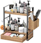 2-Tired Bathroom Counter Organizers and Storage, Bathroom Countertop Organizer with Drawer, Solid Wood Skincare Perfume Organizer for Vanity Kitchen Corner Shelf Office Countertop (Drak Brown) by Unknown