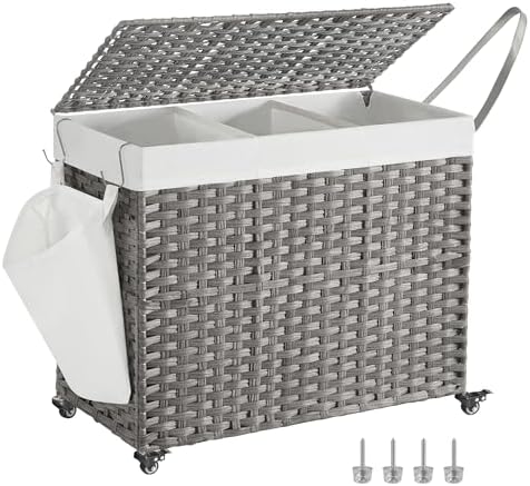 SONGMICS Rolling Laundry Hamper with Lid, 160 L 3-Section Synthetic Rattan by Unknown