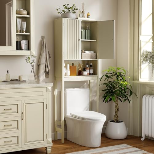 GIANTEX Over The Toilet Storage Cabinet, Bathroom Organizer w/Fluted Doors, Adjustable Shelf&Bottom Bar, Open Storage Cube, Space-Saving Above Toilet Storage Cabinet for Laundry (Cream White) by Giantex