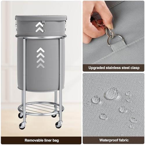 ELYKEN Laundry Basket with Wheels, Round Rolling Laundry Hamper, Gray - Image 5