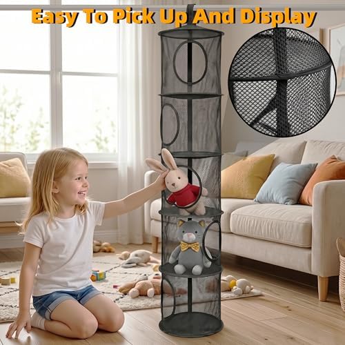 Hanging Stuffed Animal Storage Hammock Net 5 Tiers, Black - Image 5