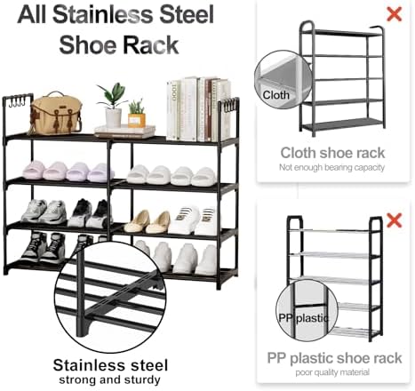 2 Rows 4 Tier Shoe Rack, Black Metal Stackable Shoe Shelf with Multifunctional Hooks, Hold 16-20 Pairs, Space Saving Shoe Organizer for Closet, Bedroom - Image 5