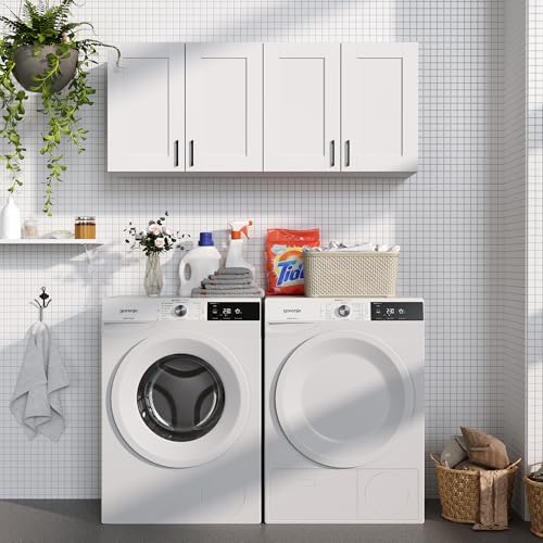 White Laundry Room Cabinets and Storage with 4 Doors and Utility Adjustable Shelf，Gabinetes Para Cocina Cupboard Kitchen Organizers and Storage Pantry Wall Mounted 12.4"D x 47.2"W x 19.7"H - Image 5
