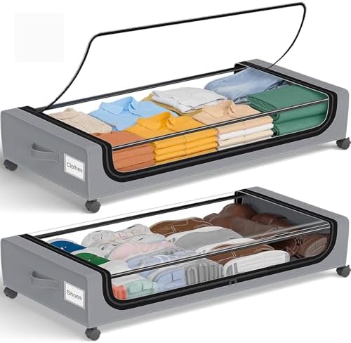 GoMaihe Under Bed Storage with Wheels 70L Grey 2-Pack | Rolling Bins for Shoes Clothes in Dorm Bedroom - Metal Drawers Easy Pull-out by GoMaihe