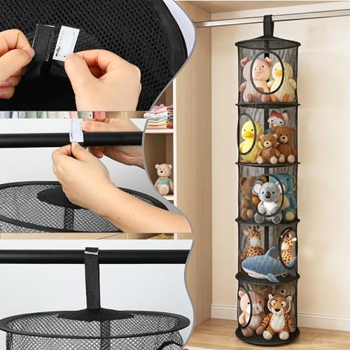 Hanging Stuffed Animal Storage Hammock Net 5 Tiers, Black - Image 4