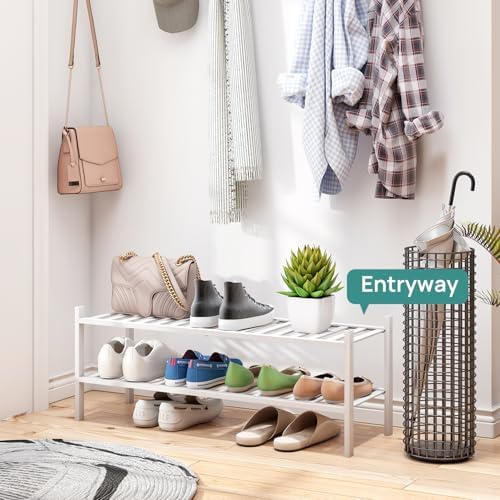 viewcare Long Shoe Rack for Entryway,Shoe Organizer for Hallway Closet, Bamboo Wood Shoe Racks for Indoor Outdoor (White, 2-Tier Long) - Image 3