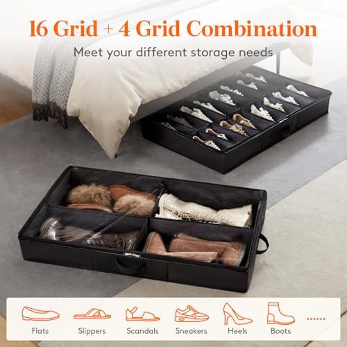 Lifewit Under Bed Shoe Storage Organizer 1 Pack(16 Shoes Cells+4 Boots Cells), 4.3 Inches Profile Fabric Shoes Container Box with Clear Cover, Foldable Storage Bag with 2 Handles, Fits 12 to 20 Pairs - Image 4